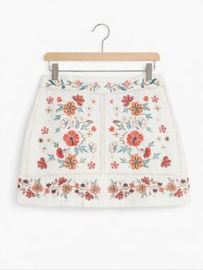 Umgee Coral Floral Symmetrical Embroidered Folk Look Linen Blend Mini Skirt